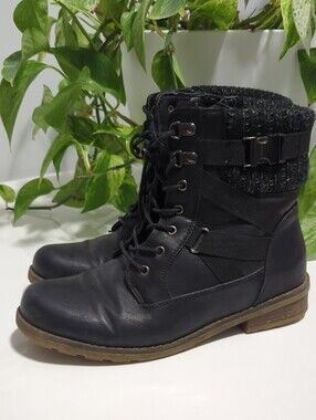VANGELO | Black Lace-Up Ankle Boots with Knit Cuff and Side Zipper, Size 9, EUC